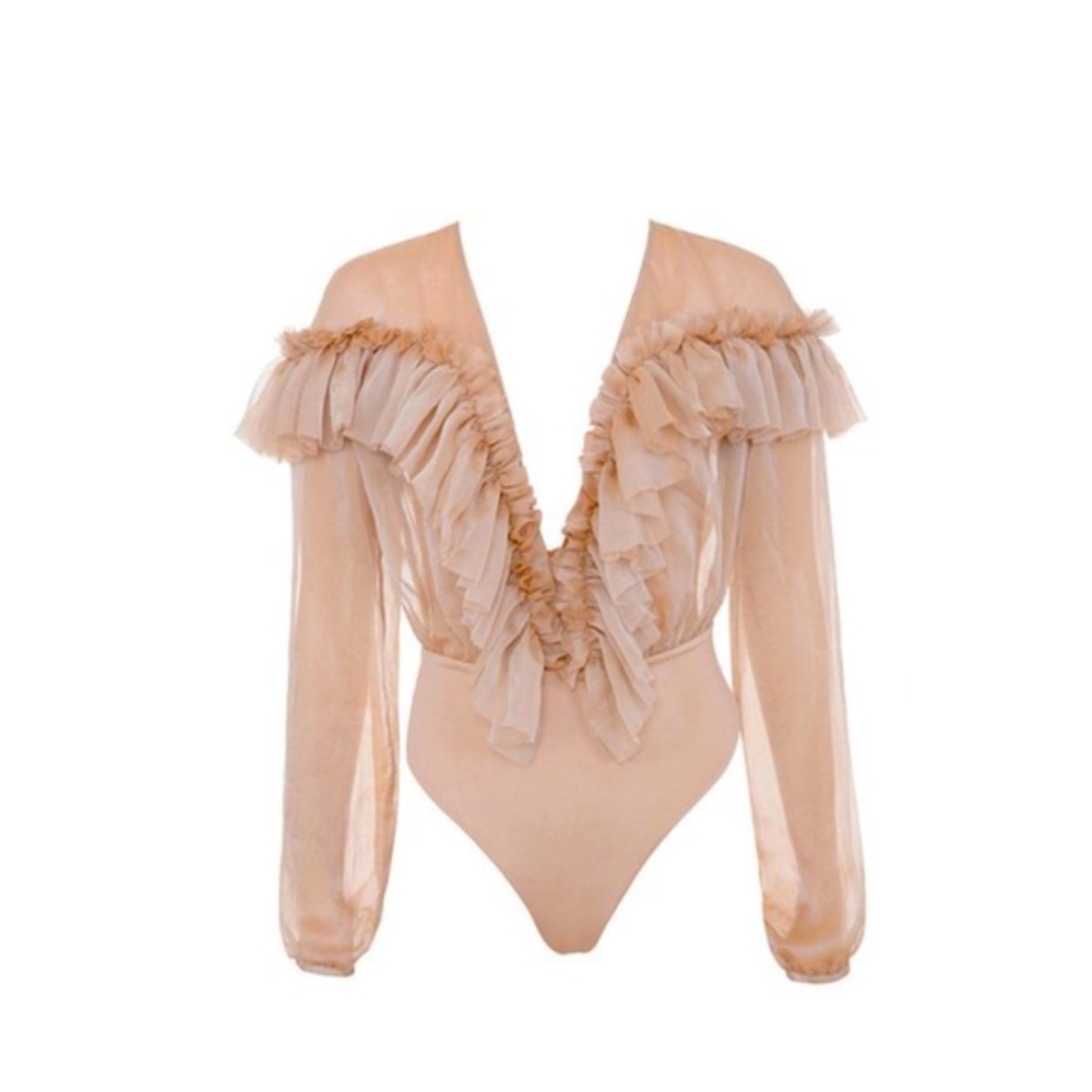 House of CB Anaya ruffle plunge bodysuit in beige